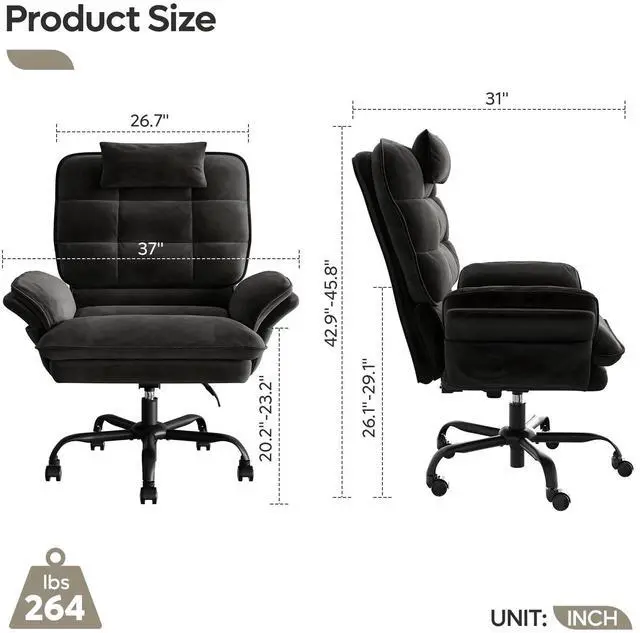 Alt view image 7 of 7 - Bestier Big and Tall Executive Office Chair with Flip-Up Arms for Adults, Adjustable Height, Reclining Office Chair with Headrest & Side Pockets in Beige Black