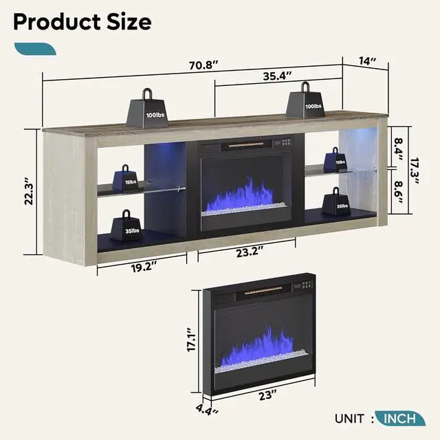 Alt view image 7 of 7 - Bestier Electric Fireplace TV Stand for 75 inch TV, 70 inch LED Entertainment Center for Living Room, Wash White