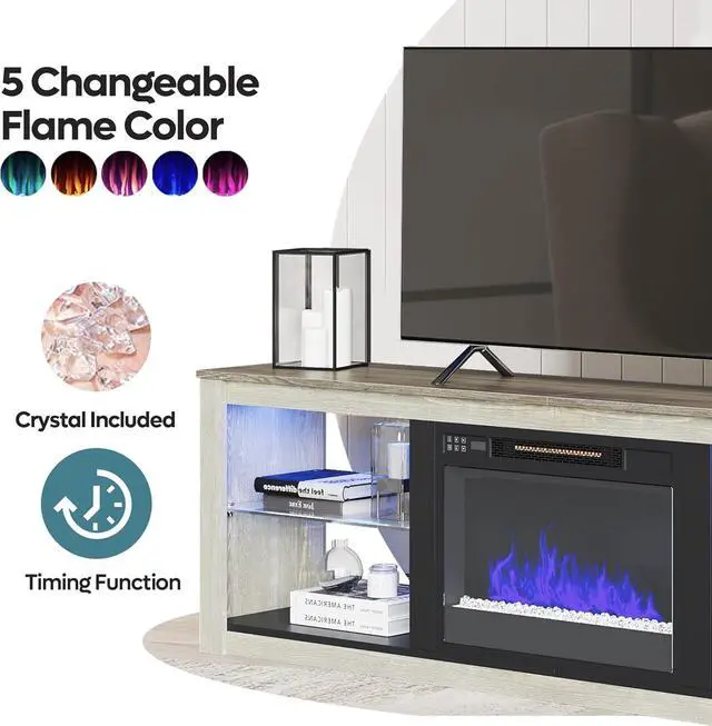 Alt view image 4 of 7 - Bestier Electric Fireplace TV Stand for 75 inch TV, 70 inch LED Entertainment Center for Living Room, Wash White