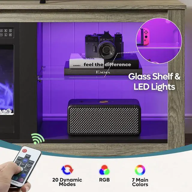 Alt view image 4 of 7 - Bestier Electric Fireplace TV Stand for 75 inch TV, 70 inch LED Entertainment Center for Living Room, Wash Grey