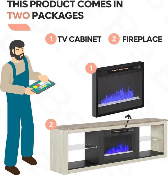 Alt view image 7 of 7 - Bestier Electric Fireplace TV Stand for 75 inch TV, 70 inch LED Entertainment Center for Living Room, Wash Grey