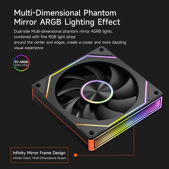 Alt view image 2 of 7 - PCCOOLER CPS FG120R ARGB 120mm Reversed Case Fan, 4-Pin PWM Low-Noise PC Fan, Infinity Mirror Frame, Dual-Sided Silicone Anti-Vibration Pads, Supports PWM Daisy-Chaining Control, Black - Single Pack