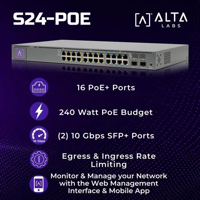 Alt view image 2 of 7 - Alta Labs S24-POE Cloud-Managed PoE+ Switch w/ 24 Gigabit Ethernet Ports and 2 SFP+ Ports, Power Over Ethernet on 16 Ports, 240W PoE Budget, 2 SFP+ Ports Support Up To 10 Gbps Fiber/Copper Connections