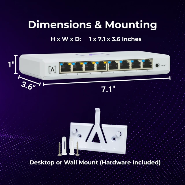 Alt view image 4 of 7 - Alta Labs S8-POE | 8 Port Multi-Gigabit Managed Ethernet Switch with 4 PoE+ Ports | 60W PoE Budget | Desktop or Wall Mount | Manage Network via Cloud or Local Controller | Ethernet Splitter