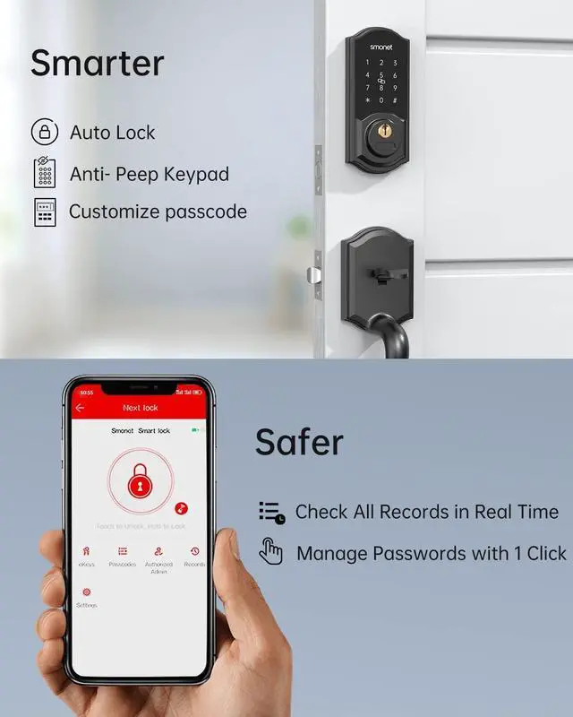 Alt view image 4 of 7 - SMONET WiFi Smart Door Lock,Keyless Entry Keypad Deadbolt with Gateway Remote Control Digital Front Door Lock Bluetooth Electronic Auto Lock Touchscreen Work with Alexa Code for Home Office Airbnb