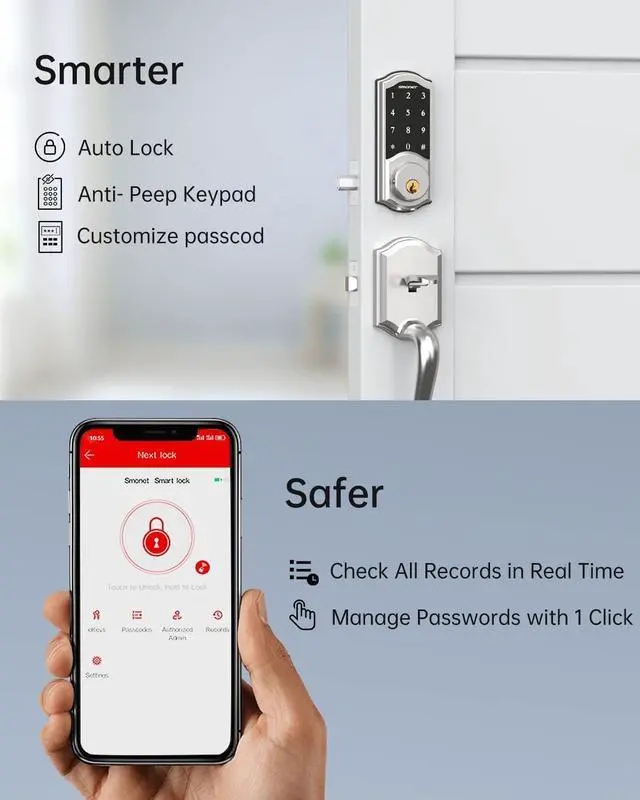 Alt view image 2 of 7 - SMONET WiFi Smart Door Lock,Keyless Entry Keypad Deadbolt with Gateway Remote Control Digital Front Door Lock Bluetooth Electronic Auto Lock Touchscreen Work with Alexa for Home Office Airbnb Silver