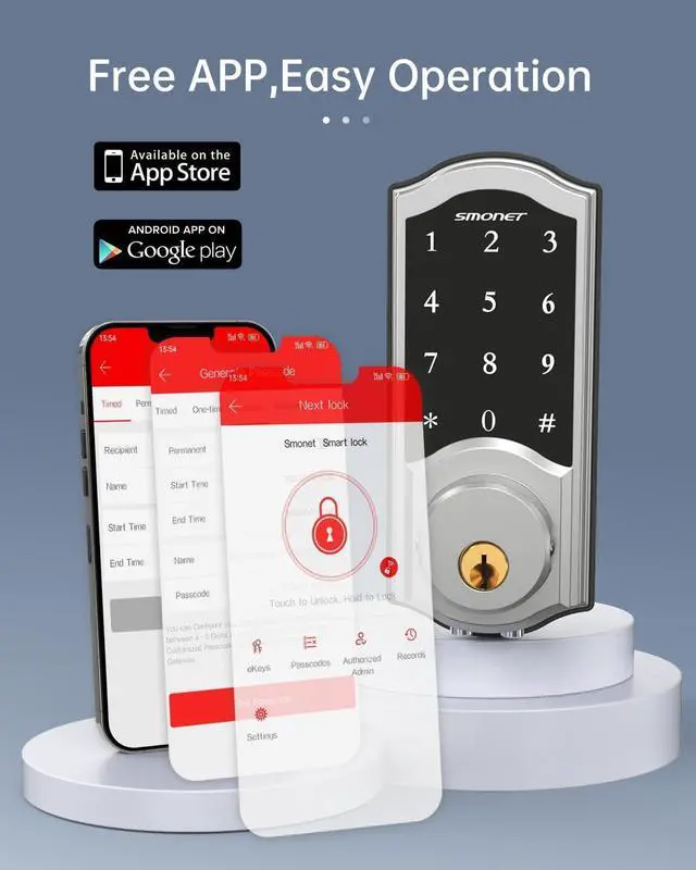 Alt view image 3 of 7 - SMONET WiFi Smart Door Lock,Keyless Entry Keypad Deadbolt with Gateway Remote Control Digital Front Door Lock Bluetooth Electronic Auto Lock Touchscreen Work with Alexa for Home Office Airbnb Silver