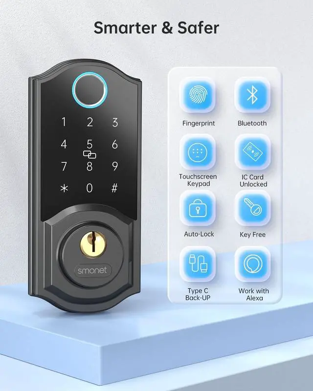 Alt view image 2 of 7 - SMONET Smart Lock Fingerprint Deadbolt Keyless Entry Door Lock with Electronic Bluetooth Digital Keypad Deadbolt for Front Door,Biometrics,Auto-Lock,Fob Keys,Passcode by APP Control for Home