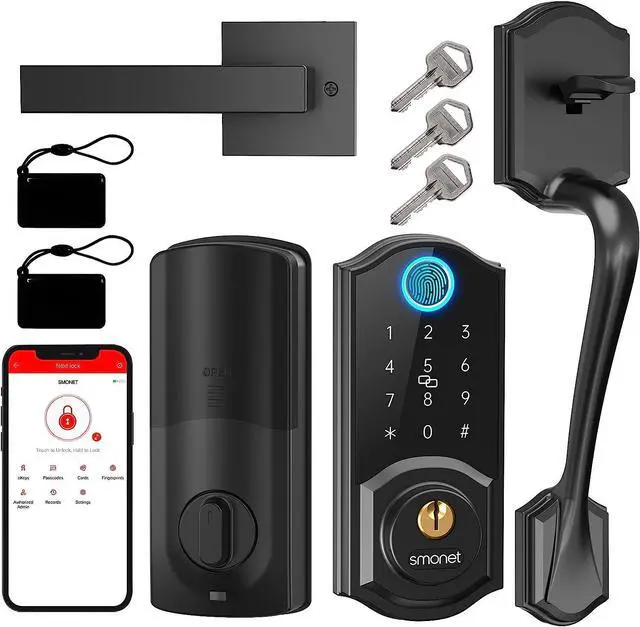 Main image of SMONET Smart Front Door Lock Set Fingerprint Keyless Entry Handle Set Keypad Deadbolt Lock with Bluetooth Electronic Digital Smart Door Lock,Auto Lock Work with Alexa, Easy to Install Black