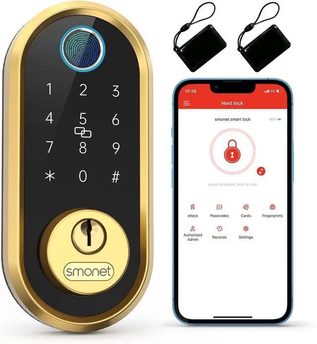 Main image of SMONET Smart Lock Bluetooth Keyless Entry Keypad Smart Deadbolt-Fingerprint Electronic Deadbolt Door Lock-App Control, Remote Ekeys Sharing, App Monitoring Easy to Install for Homes and Hotel GOLD