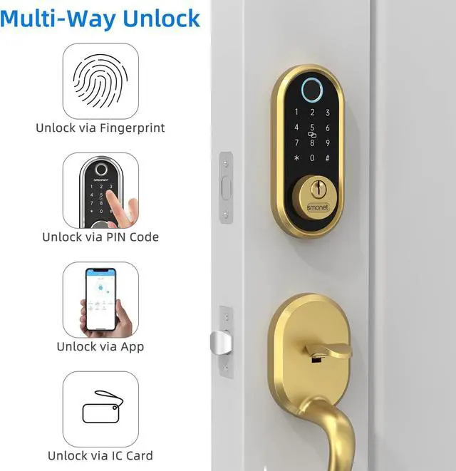 Alt view image 2 of 7 - SMONET Smart Lock Bluetooth Keyless Entry Keypad Smart Deadbolt-Fingerprint Electronic Deadbolt Door Lock-App Control, Remote Ekeys Sharing, App Monitoring Easy to Install for Homes and Hotel GOLD