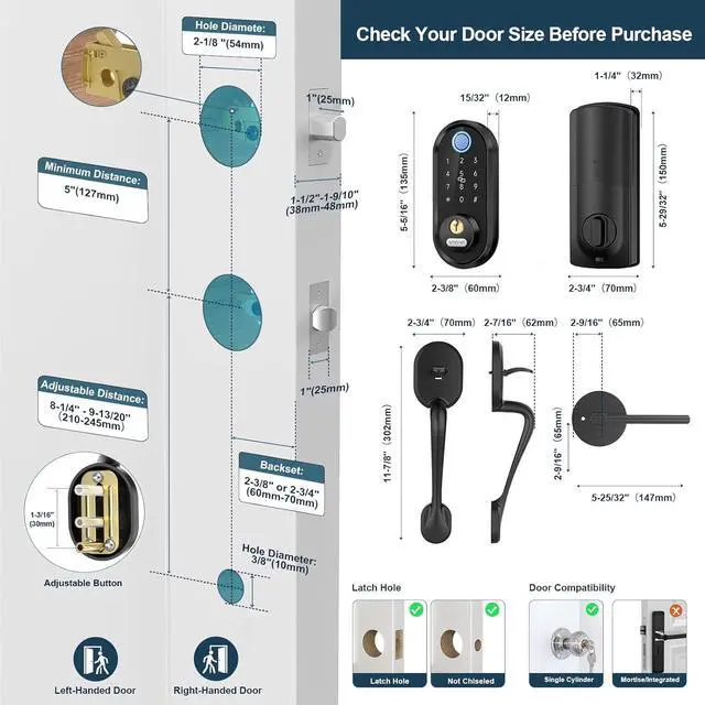 Alt view image 7 of 7 - SMONET Front Door Lock Set with Handle for Front Door Fingerprint Keyless Entry Bluetooth Electronic Digital Keypad Door Lock Deadbolt, Auto Lock Work with Alexa, Easy to Install