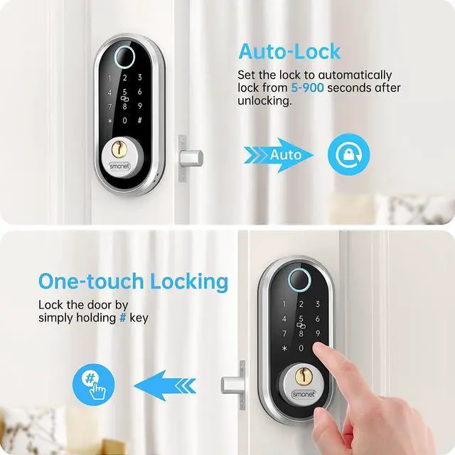 Alt view image 6 of 7 - SMONET Smart Front Door Lock Set - Fingerprint Deadbolt Keypad Front Door Lock Handle Keyless Entry Door Lock Electronic Touchscreen Keypad Biometric Digital Bluetooth Deadbolt Work with Alexa Silver