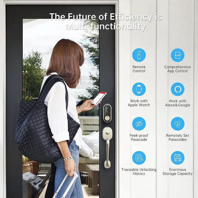Alt view image 2 of 7 - SMONET Smart Front Door Lock Set - Fingerprint Deadbolt Keypad Front Door Lock Handle Keyless Entry Door Lock Electronic Touchscreen Keypad Biometric Digital Bluetooth Deadbolt Work with Alexa Silver