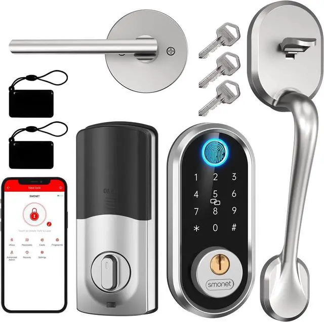 Main image of SMONET Smart Front Door Lock Set - Fingerprint Deadbolt Keypad Front Door Lock Handle Keyless Entry Door Lock Electronic Touchscreen Keypad Biometric Digital Bluetooth Deadbolt Work with Alexa Silver