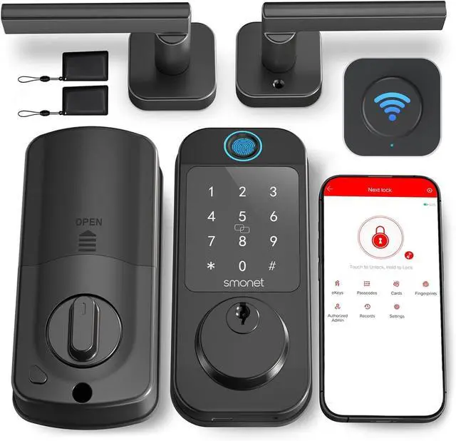 Main image of SMONET Keyless Entry Door Lock Handleset - WiFi Fingerprint Smart Locks for Front Door App Remote Control, Digital Bluetooth Keypad Deadbolt Lock Set with Alexa, Auto Lock, Code, Fobs for Home Black