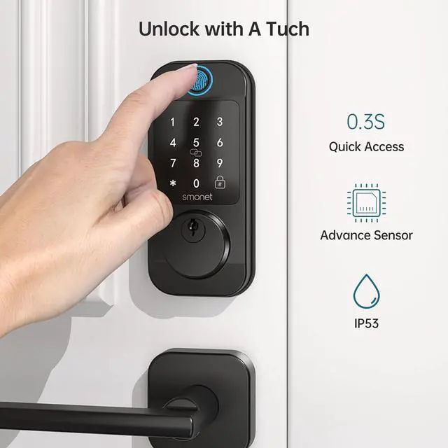 Alt view image 2 of 7 - SMONET Keyless Entry Door Lock Handleset - WiFi Fingerprint Smart Locks for Front Door App Remote Control, Digital Bluetooth Keypad Deadbolt Lock Set with Alexa, Auto Lock, Code, Fobs for Home Black