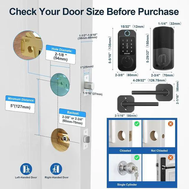 Alt view image 7 of 7 - SMONET Keyless Entry Door Lock Handleset - WiFi Fingerprint Smart Locks for Front Door App Remote Control, Digital Bluetooth Keypad Deadbolt Lock Set with Alexa, Auto Lock, Code, Fobs for Home Black