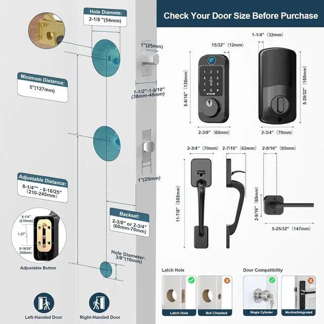 Alt view image 7 of 7 - SMONET Smart WiFi Door Lock Set, Keyless Entry Front Door Handle Set Fingerprint Keypad Digital Electronic Auto Locks with Alexa Enabled, Code, App Remote Control for Home Rental, Black