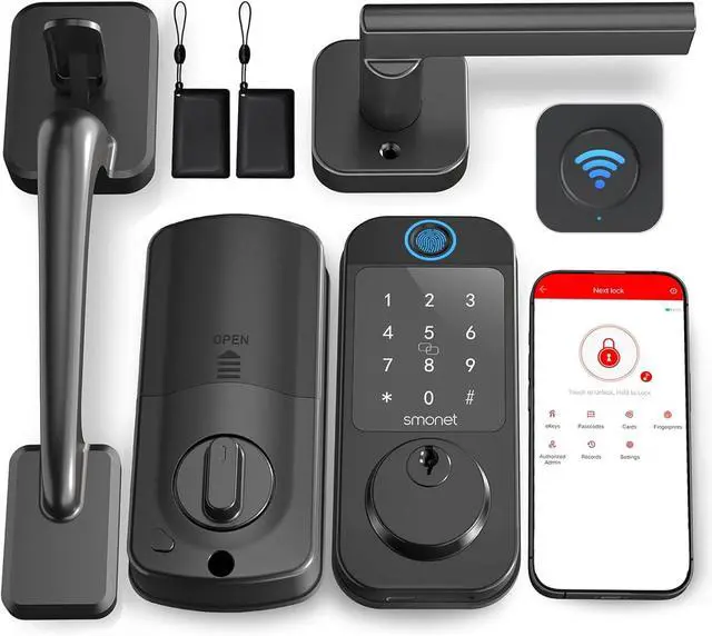 Main image of SMONET Smart WiFi Door Lock Set, Keyless Entry Front Door Handle Set Fingerprint Keypad Digital Electronic Auto Locks with Alexa Enabled, Code, App Remote Control for Home Rental, Black