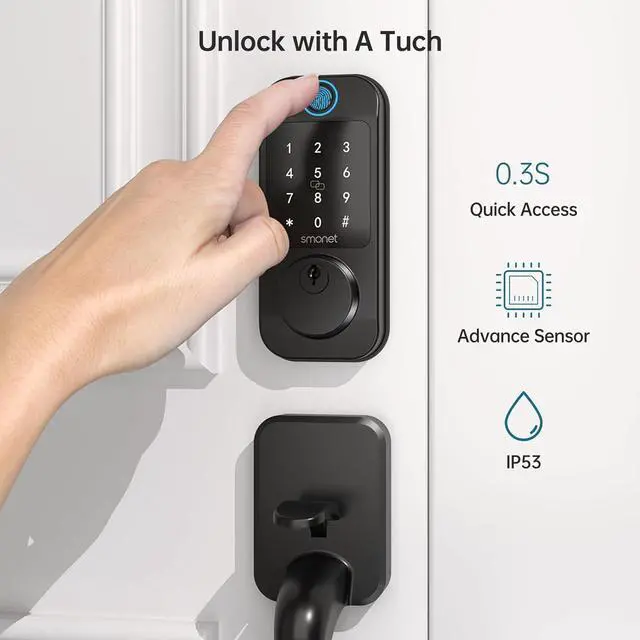 Alt view image 2 of 7 - SMONET Smart WiFi Door Lock Set, Keyless Entry Front Door Handle Set Fingerprint Keypad Digital Electronic Auto Locks with Alexa Enabled, Code, App Remote Control for Home Rental, Black