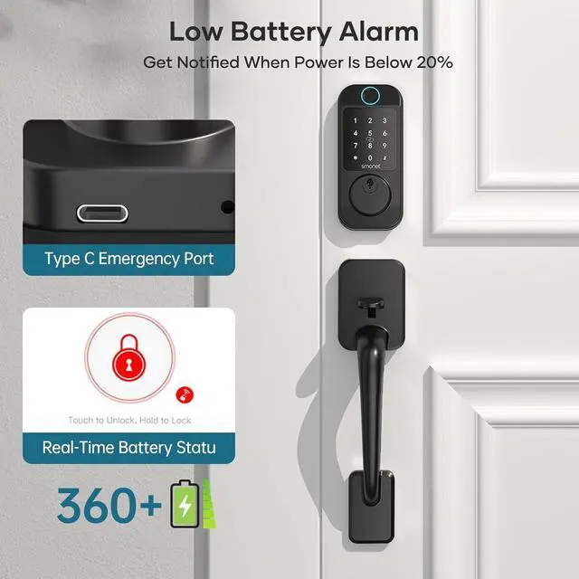 Alt view image 6 of 7 - SMONET Smart WiFi Door Lock Set, Keyless Entry Front Door Handle Set Fingerprint Keypad Digital Electronic Auto Locks with Alexa Enabled, Code, App Remote Control for Home Rental, Black