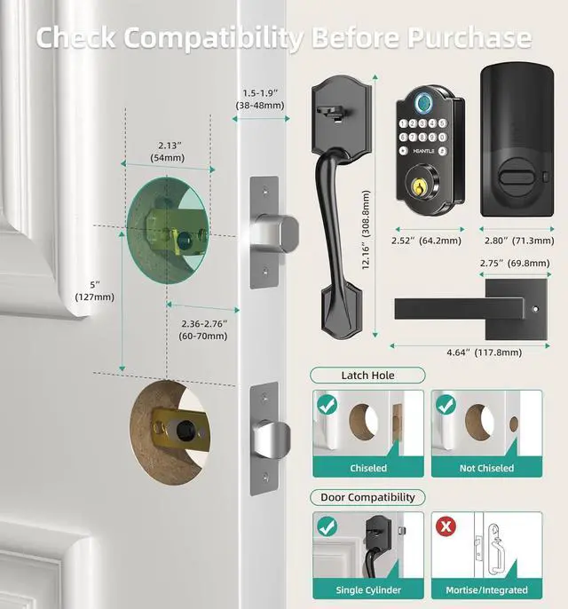 Alt view image 7 of 7 - HEANTLE Smart WiFi Door Lock Set - Keyless Entry Front Door Lock Handles Set,Fingerprint Bluetooth Keypad Deadbolt Lockset with App Remote Control, Alexa Voice, Auto Lock for Home Security, Rental