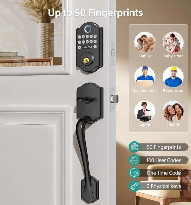 Alt view image 6 of 7 - HEANTLE Smart WiFi Door Lock Set - Keyless Entry Front Door Lock Handles Set,Fingerprint Bluetooth Keypad Deadbolt Lockset with App Remote Control, Alexa Voice, Auto Lock for Home Security, Rental
