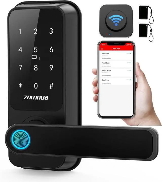 Main image of ZOMNUA WiFi Keyless Entry Door Lock with Handle,Fingerprint Smart Deadbolt Digital Keypad Front Door Lock Handle,Biometric Alexa with Fob Keys Gateway for Home Office,Black