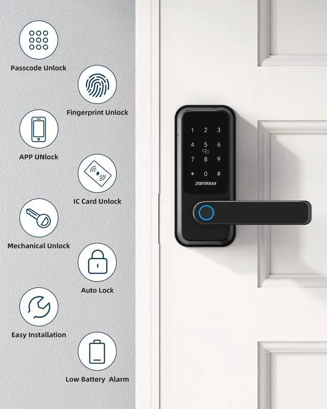 Alt view image 2 of 7 - ZOMNUA WiFi Keyless Entry Door Lock with Handle,Fingerprint Smart Deadbolt Digital Keypad Front Door Lock Handle,Biometric Alexa with Fob Keys Gateway for Home Office,Black