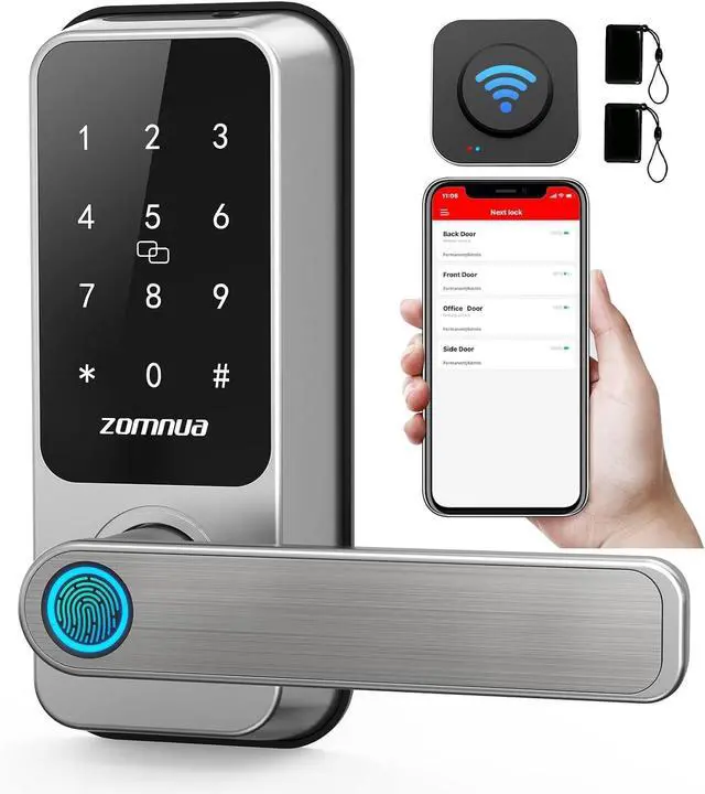 Main image of ZOMNUA Keyless Entry WiFi Door Lock, Fingerprint Keypad Door Lock with Handle,Smart Deadbolt Digital Bluetooth Electronic with Fob Keys Gateway for Home Hotel Office Silver