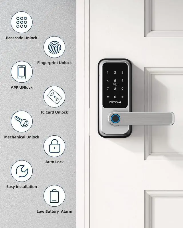Alt view image 2 of 7 - ZOMNUA Keyless Entry WiFi Door Lock, Fingerprint Keypad Door Lock with Handle,Smart Deadbolt Digital Bluetooth Electronic with Fob Keys Gateway for Home Hotel Office Silver
