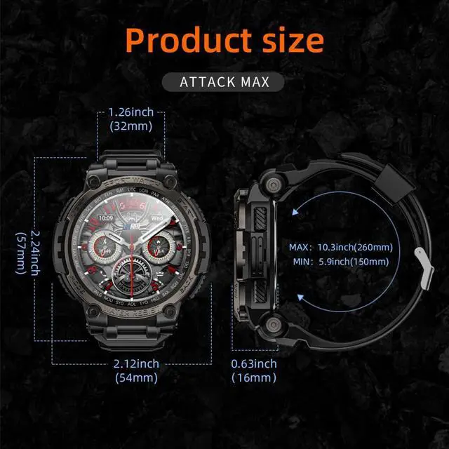 Alt view image 7 of 7 - LOKMAT ATTACK MAX Smart Watch 1.53-inch large round screen Heart rate blood oxygen sleep health monitoring compass Bluetooth call information push IP68 waterproof outdoor sports watch