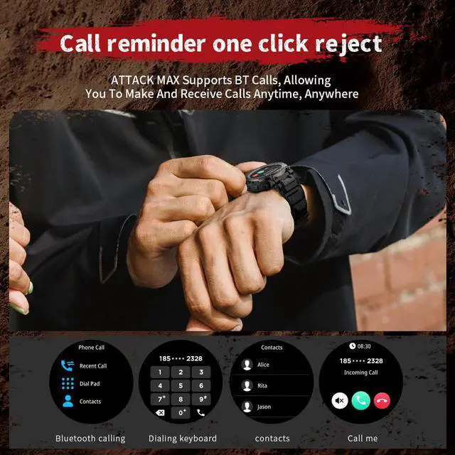 Alt view image 5 of 7 - LOKMAT ATTACK MAX Smart Watch 1.53-inch large round screen Heart rate blood oxygen sleep health monitoring compass Bluetooth call information push IP68 waterproof outdoor sports watch