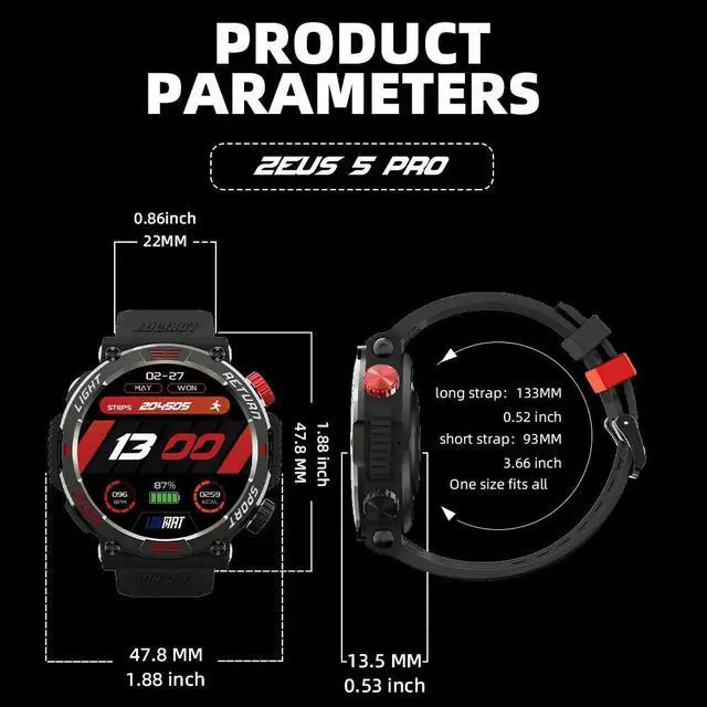 Alt view image 7 of 7 - LOKMAT ZEUS 5 PRO Smart Watch 1.46-Inch Large Round Screen Compass Function Flashlight Function Bluetooth Call Information Push Voice Assistant Sedentary Reminder Remote Photo Taking Music Control