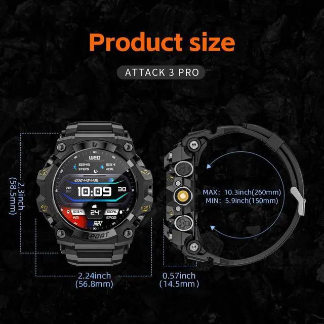 Alt view image 7 of 7 - LOKMAT ATTACK 3 PRO Smartwatch for Android and iPhone, IP68 Waterproof 100+ Sports Modes 1.39 Inch Round Screen with Bluetooth Call Function (Answer/Make Calls) with Flashlight Outdoor Sports Watch