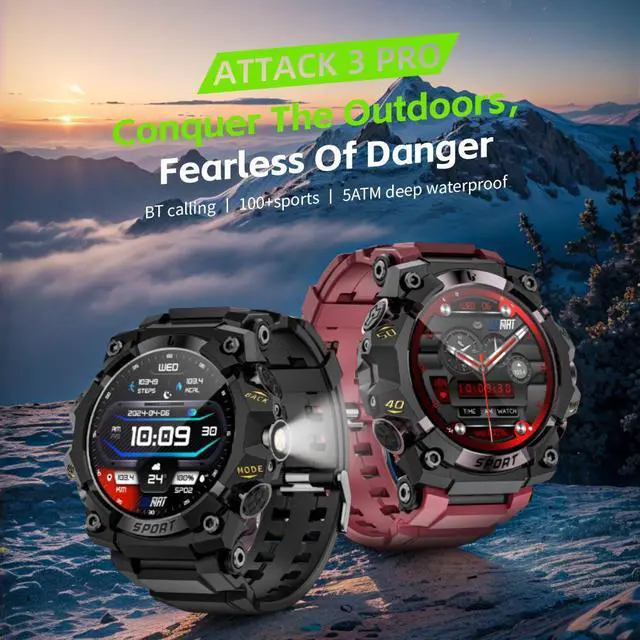 Alt view image 2 of 7 - LOKMAT ATTACK 3 PRO Smartwatch for Android and iPhone, IP68 Waterproof 100+ Sports Modes 1.39 Inch Round Screen with Bluetooth Call Function (Answer/Make Calls) with Flashlight Outdoor Sports Watch
