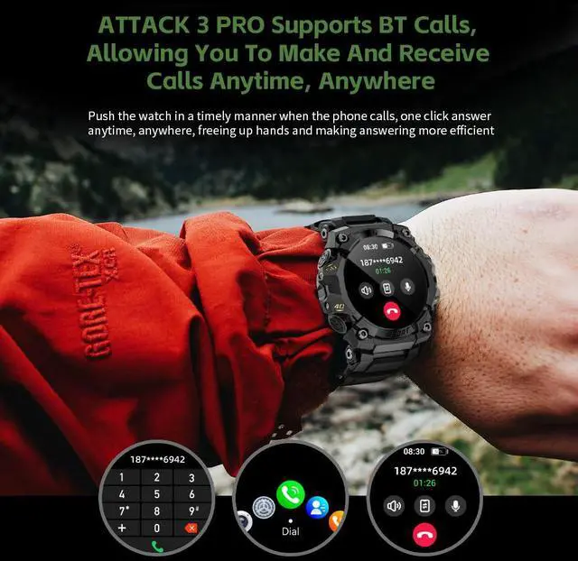 Alt view image 6 of 7 - LOKMAT ATTACK 3 PRO Smartwatch for Android and iPhone, IP68 Waterproof 100+ Sports Modes 1.39 Inch Round Screen with Bluetooth Call Function (Answer/Make Calls) with Flashlight Outdoor Sports Watch