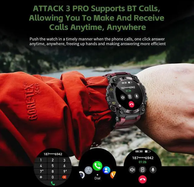 Alt view image 5 of 7 - LOKMAT ATTACK 3 PRO Smartwatch for Android and iPhone, IP68 Waterproof 100+ Sports Modes 1.39 Inch Round Screen with Bluetooth Call Function (Answer/Make Calls) with Flashlight Outdoor Sports Watch
