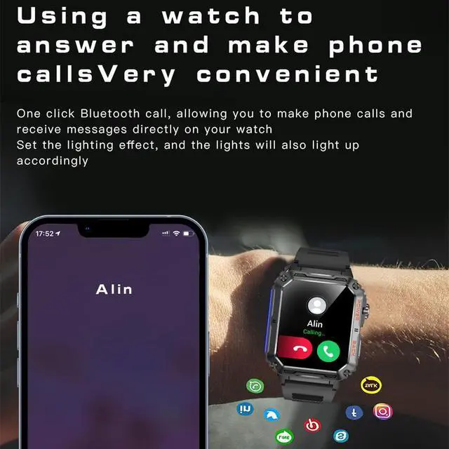 Alt view image 3 of 7 - Men's smartwatch, IP68 waterproof, rugged and durable, supports Bluetooth calling (answering/making calls), 1.91-inch high-definition unisex display, 70-day battery life, and flashlight function. Gold