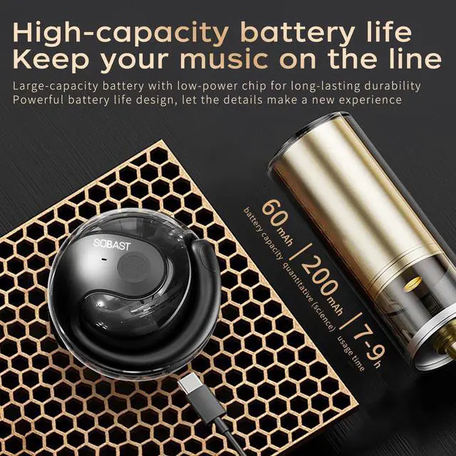 Alt view image 6 of 6 - SOBAST open headset, ultra-comfortable, lightweight design, fit the ear, ergonomic earhooks, powerful bass, 36 hours of playback time, Bluetooth 5.3, application control, clear calls, wireless g Black