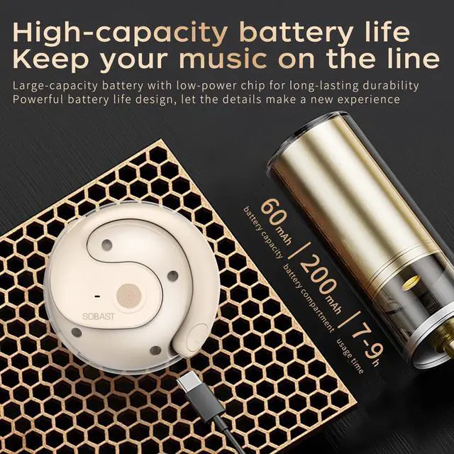 Alt view image 6 of 6 - SOBAST open headset, ultra-comfortable, lightweight design, fit the ear, ergonomic earhooks, powerful bass, 36 hours of playback time, Bluetooth 5.3, application control, clear calls, wireless h Beige