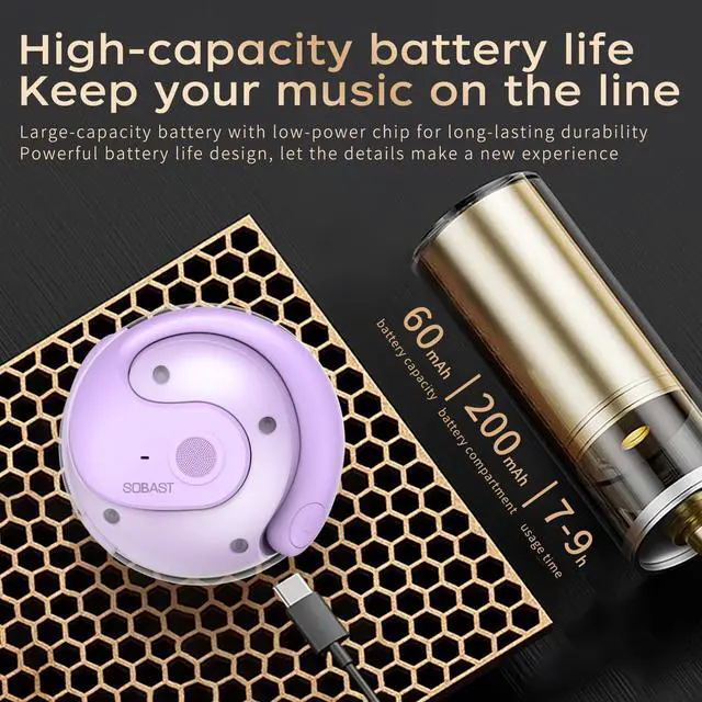 Alt view image 6 of 7 - SOBAST open headset, ultra-comfortable, lightweight design, fit the ear, ergonomic earhooks, powerful bass, 36 hours of playback time,  5.3, application control, clear calls, wireless  Purple