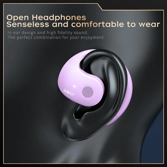 Alt view image 7 of 7 - SOBAST open headset, ultra-comfortable, lightweight design, fit the ear, ergonomic earhooks, powerful bass, 36 hours of playback time,  5.3, application control, clear calls, wireless  Purple