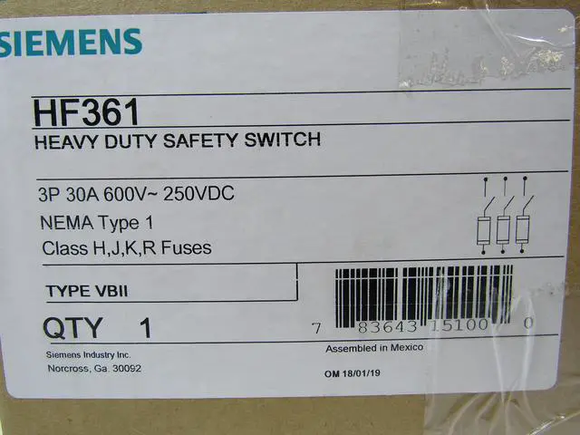 Alt view image 2 of 7 - Siemens HF361 30-Amp 3 Pole 600-volt 3 Wire Fused Heavy Duty Safety Switches