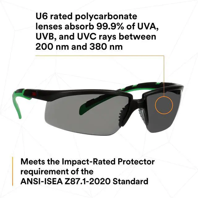 Alt view image 2 of 7 - 3M Safety Glasses, Solus 2000 Series, Anti-Scratch, IR Shade 3.0 Gray Lens, Black/Green Temples