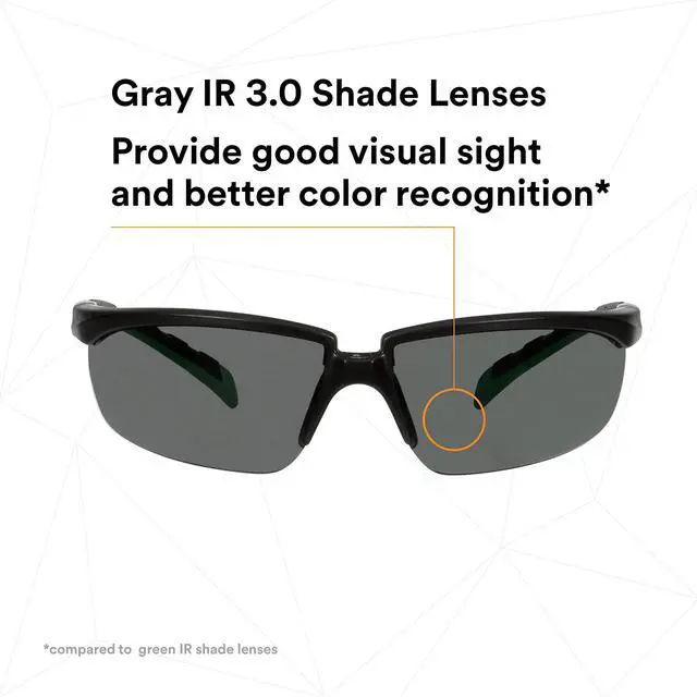 Alt view image 3 of 7 - 3M Safety Glasses, Solus 2000 Series, Anti-Scratch, IR Shade 3.0 Gray Lens, Black/Green Temples