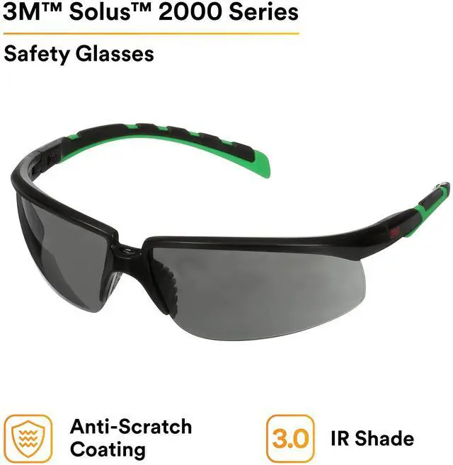Alt view image 6 of 7 - 3M Safety Glasses, Solus 2000 Series, Anti-Scratch, IR Shade 3.0 Gray Lens, Black/Green Temples