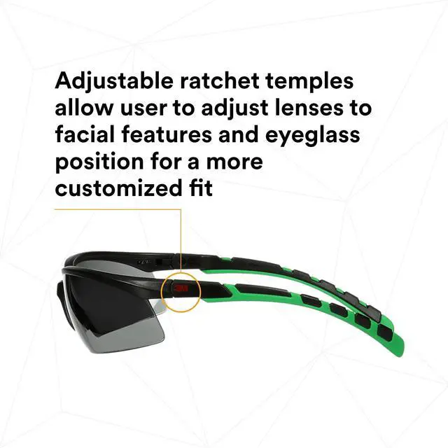 Alt view image 5 of 7 - 3M Safety Glasses, Solus 2000 Series, Anti-Scratch, IR Shade 3.0 Gray Lens, Black/Green Temples