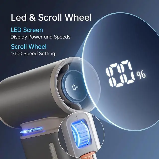 Alt view image 6 of 7 - JISULIFE Portable Turbo Fan - 100-Speed Adjustable, 9000mAh Rechargeable, LED Display, Metal Shell with Accessories